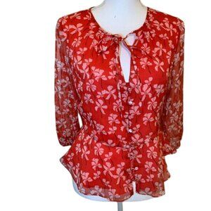 Vintage-Inspired Red Floral Sheer Blouse With Button-Up Front Tie Neckline & Puf